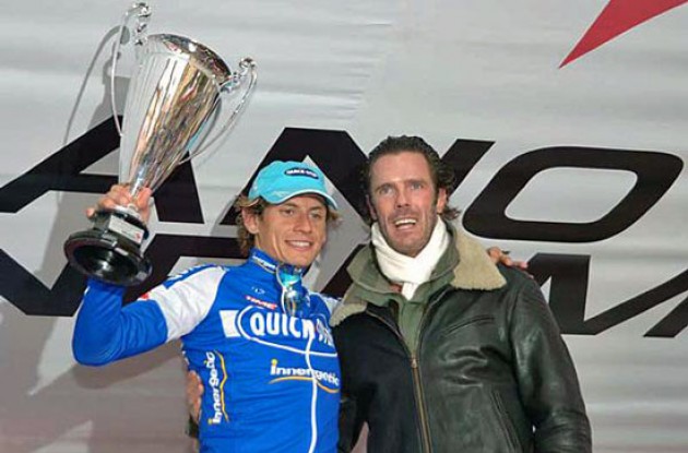 Pozzato and Cipollini on the podium in San Remo - the 2006 season has started! Photo copyright Roadcycling.com.