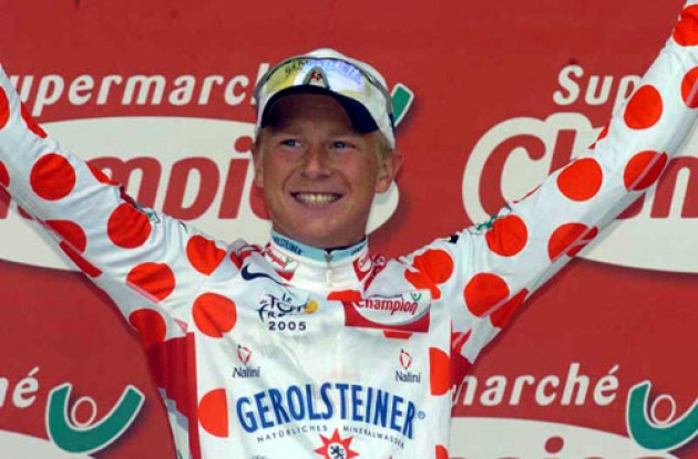 Fabian Wegmann took the climber's jersey today as a result of his long breakaway. Photo copyright Fotoreporter Sirotti.