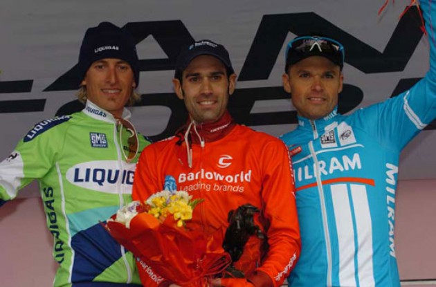 Top 3 on the podium. Astarloa, Pellizotti and Celestino. Photo copyright Fotoreporter Sirotti.