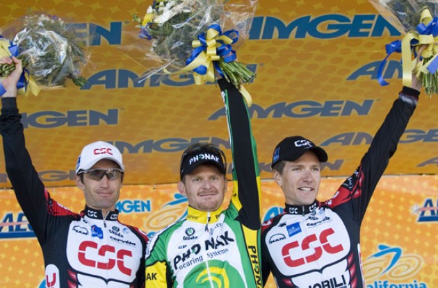 Top 3 - Landis, Zabriskie and Julich - on the podium. Photo copyright Roadcycling.com.