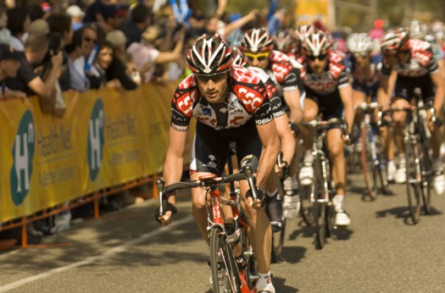 Julich pulls hard for Team CSC followed by Jens Voigt. Photo copyright Roadcycling.com.