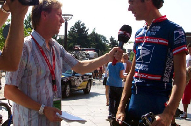 Michael Barry talks to the press at the Tour of Denmark. Photo copyright Roadcycling.com.