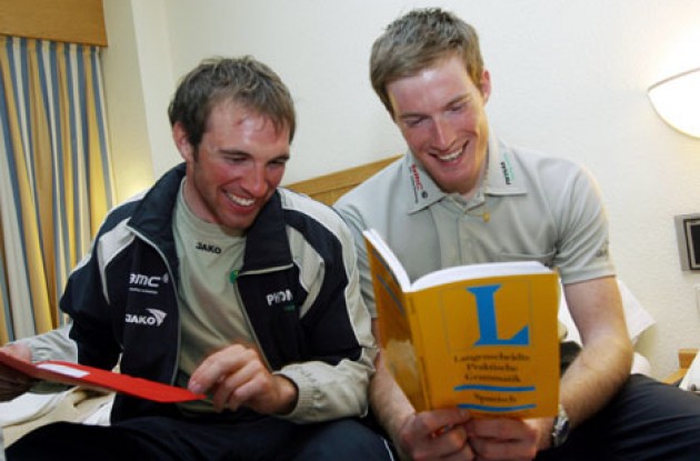 Gregory Rast (right) and team mate Michael Albasini taking a course in Spanish - Learning new languages is part of life as a pro cyclist.
