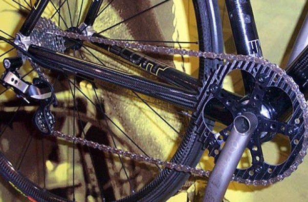 Scott Team. Note the single carbon chainring eliminating the need for a front derailleur and the drilled out rear derailleur and pulleys. Photo copyright Roadcycling.com.
