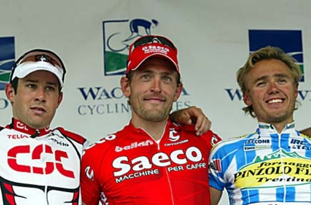 The USPRO podium: Zanini (M), Murn (R) and Dean (L). Photo copyright Wachovia Cycling.