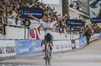 Mathieu Van der Poel crosses the finish line as winner of Paris-Roubaix 2024