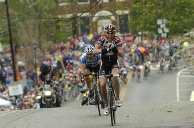 Brian Vandborg of Team CSC applaudes his win in Stage 4 of the Tour de Georgia. Photo copyright Casey Gibson.