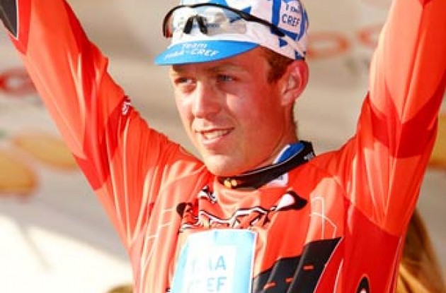 Bowman on the podium after having attacked in today's stage. Photo copyright Ben Ross/Roadcycling.com.