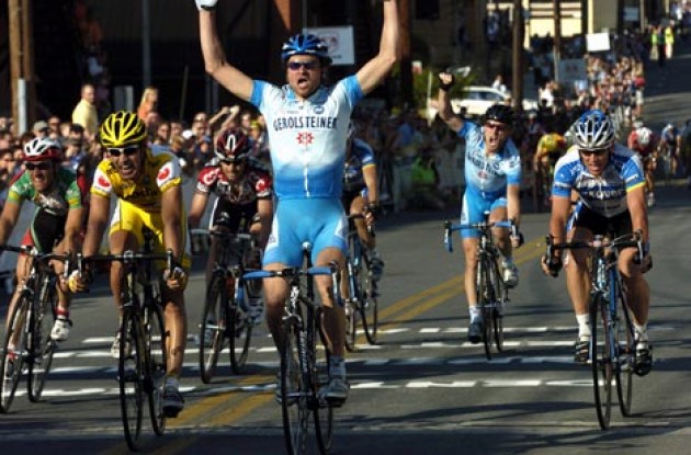 Peter Wrolich takes the stage win ahead of Quinziato and Armstrong. Photo copyright Casey Gibson.