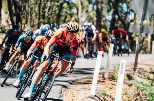 Cyclists cornering in stage 5 of Tour Down Under 2023