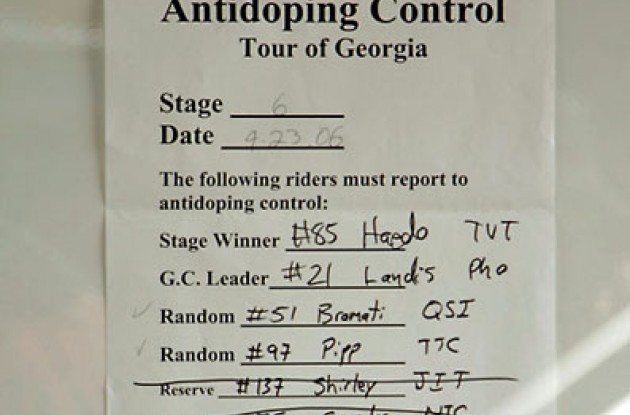 Doping control. Photo copyright Ben Ross/Roadcycling.com/<A HREF="http://www.benrossphotography.com" TARGET=_BLANK>www.benrossphotography.com</A>.