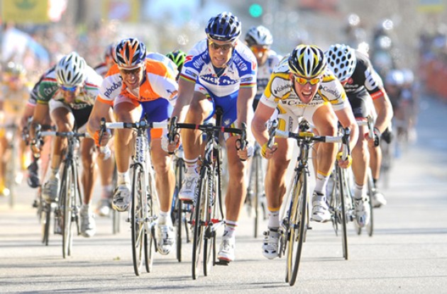 Boonen, Cavendish and Hushovd sprint for the stage win. Photo copyright TDWSports.com.