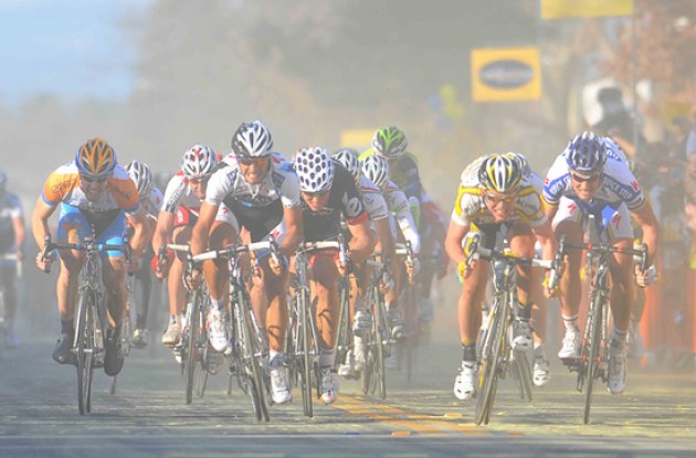 Cavendish, Boonen, Haedo and Hushovd fight for the win in the Californian mist. Photo copyright TDWsports.com.