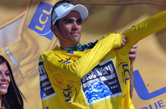 Alberto Contador (Team Discovery Channel) on the podium. Photo copyright Fotoreporter Sirotti.