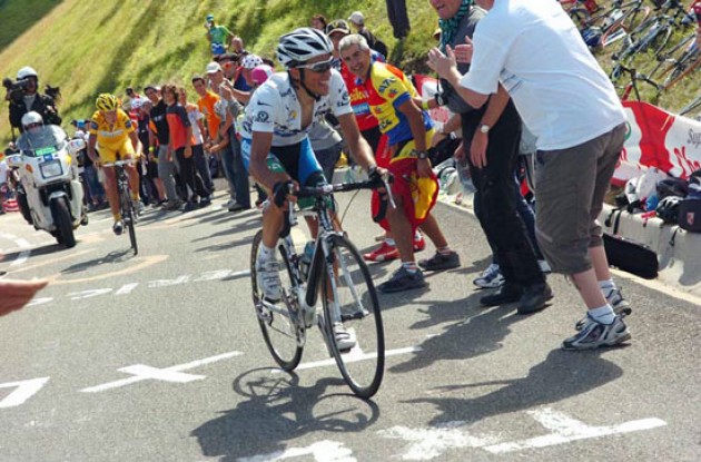 Contador attacks Rasmussen on the final climb. Photo copyright Fotoreporter Sirotti.