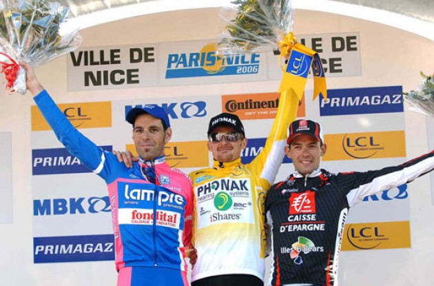 Final top 3 on the podium in Nice. Photo copyright Fotoreporter Sirotti.