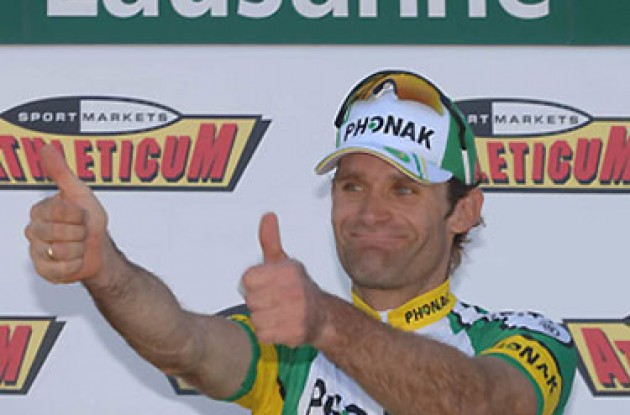 I did it! Santiago Botero on the podium in Lausanne. Photo copyright Roadcycling.com.