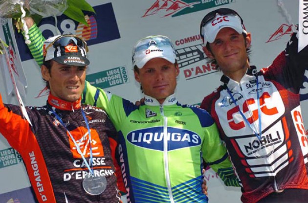 Di Luca, Valverde and Schleck on the podium in Liege.
