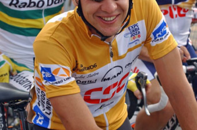 Carlos Sastre (Team CSC) in the leader jersey. Photo copyright Roadcycling.com.