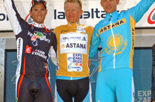Top 3 on the podium: Vinokourov, Valverde and Kashechkin. Photo copyright Roadcycling.com.
