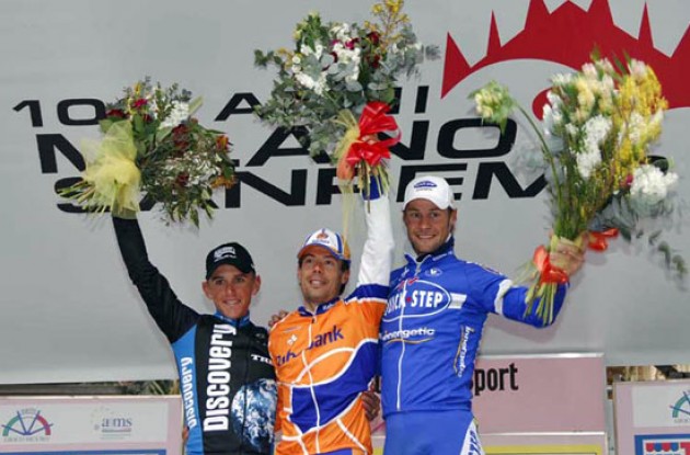Freire, Davis and Boonen on the podium in San Remo, Italy.