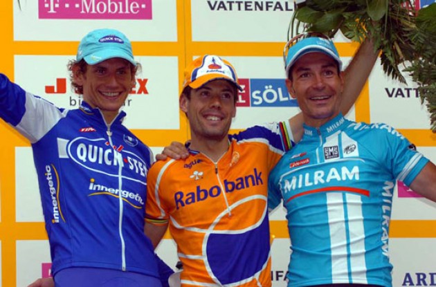 Freire, Zabel and Pozzato on the podium. Photo copyright Fotoreporter Sirotti.