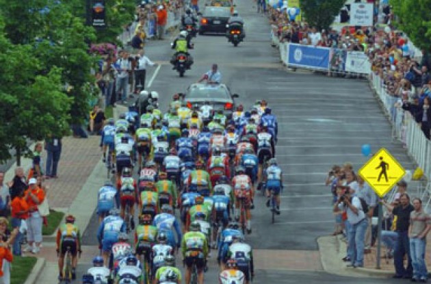 The riders close in on the start line of Stage 4 after a ceremonial lap in Dalton, GA, USA.