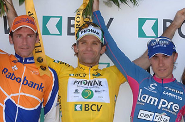 The final top 3 on the podium. Photo copyright Roadcycling.com.