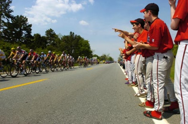 Cycling vs. baseball. Photo copyright Casey Gibson.