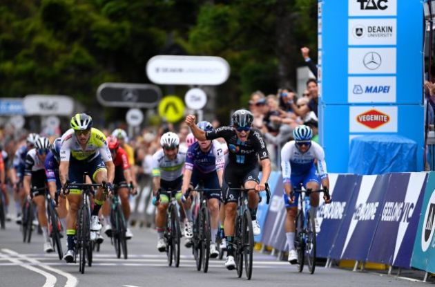 Marius Mayrhofer crosses the finish line first in the 2023 Cadel Evans Great Ocean Road Race