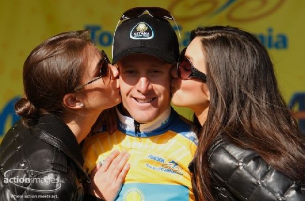 Levi Leipheimer on the podium with the beautiful podium girls. Wanna switch places? Photo copyright Ben Ross / Action Images Inc.
