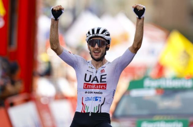 Adam Yates crosses finish line as winner of stage 9 of Vuelta a Espana