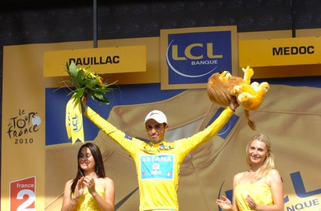 Alberto Contador leads the Tour de France 2010 by 39 seconds to Andy Schleck. Photo copyright Fotoreporter Sirotti.
