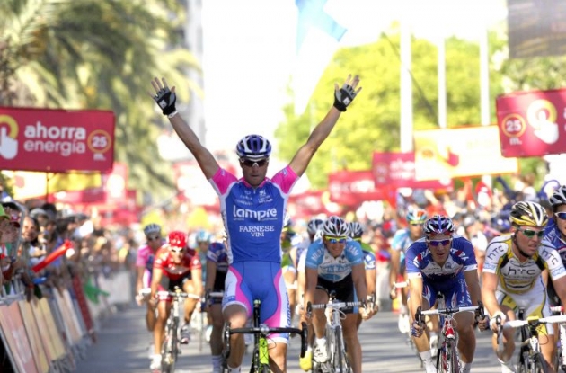 Alessandro Petacchi wins stage 7 of the 2010 Tour of Spain for Team Lampre. Photo copyright Fotoreporter Sirotti.