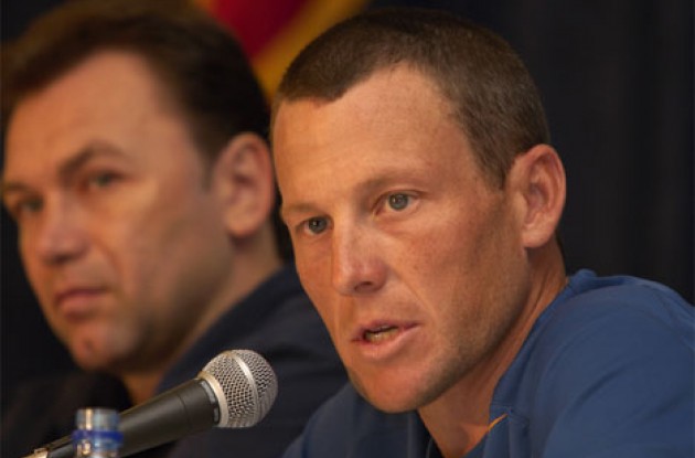 Lance Armstrong at the press conference. Photo copyright Ben Ross/Roadcycling.com/www.benrossphotography.com.