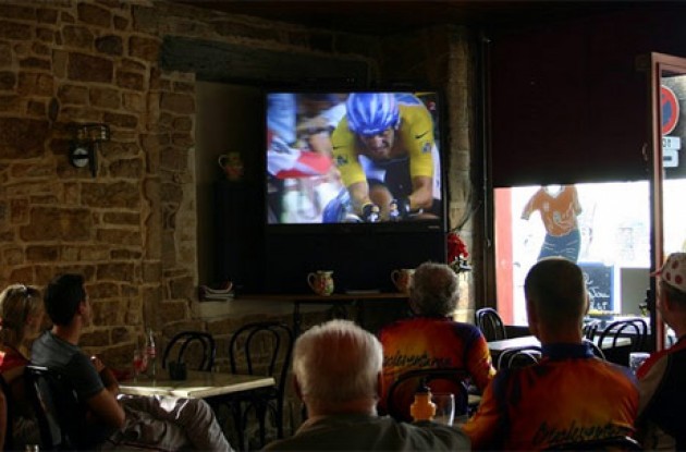 Tour watching in a small French cafe. Allez Armstrong!