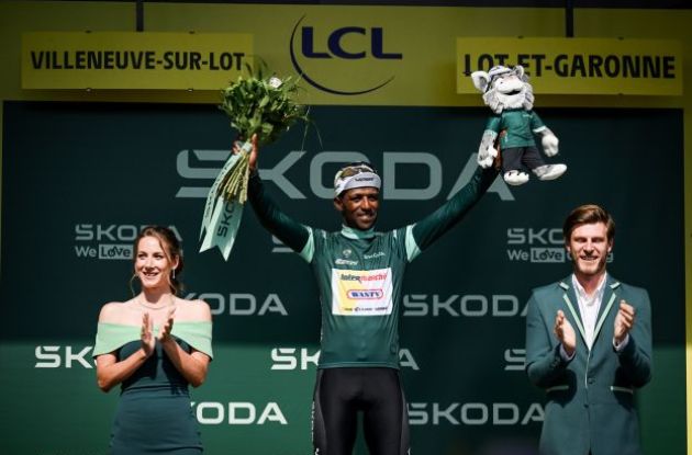 Biniam Girmay celebrated on the podium as points competition leader of Tour de France 2024