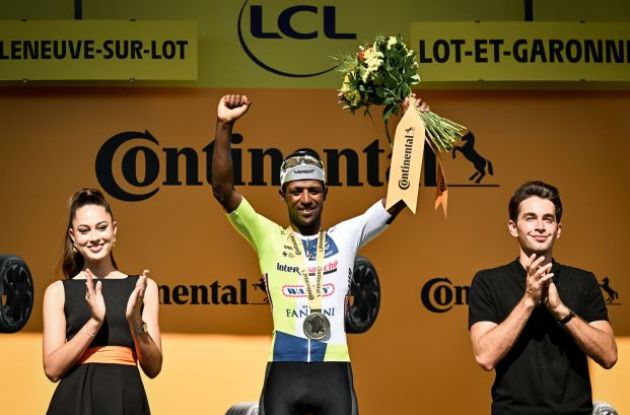Biniam Girmay of Team Intermarche-Wanty is celebrated on the podium as winner of stage 12 of Tour de France
