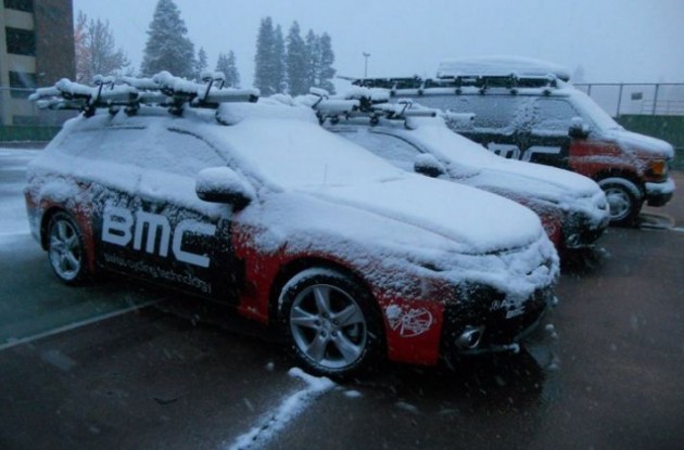 Snowy Team BMC Racing cars before the planned start of stage 1 of Tour of California 2011.
