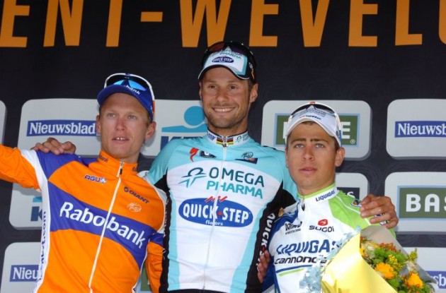 Boonen, Breschel and Sagan on the podium in Wevelgem. Photo Fotoreporter Sirotti.