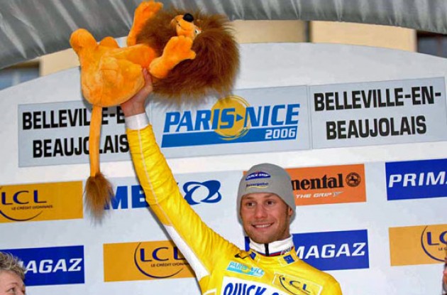 Tom Boonen on the podium on a cold day in Belleville, France.