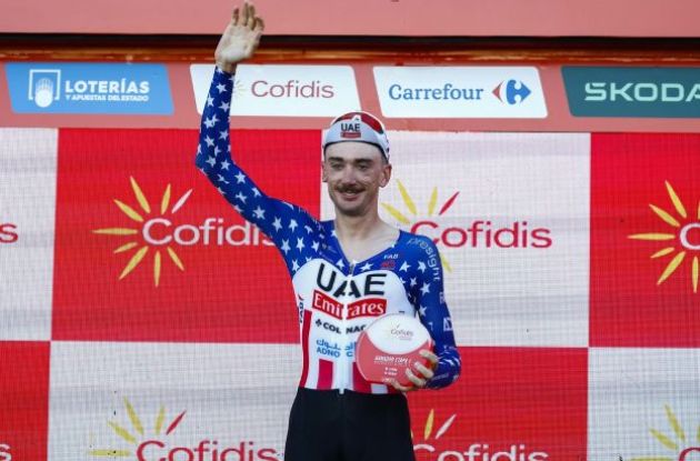 Stage winner Brandon McNulty on the podium following stage 1 of Vuelta a Espana 2024