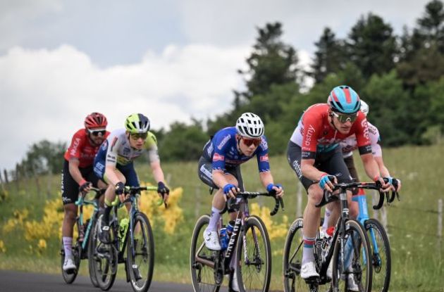 Breakaway cyclists riding in stage 1 of Criterium du Dauphine 2023