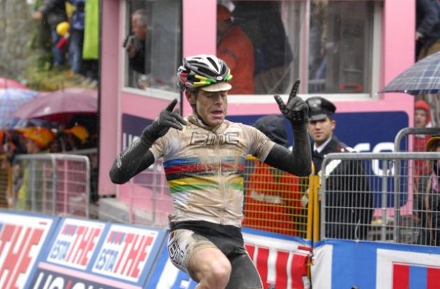 BMC Racing Team's World Champion Cadel Evans conquered the wet and muddy conditions on the 224 kilometer ride from Carrara to Montalcino to win the seventh stage of the 2010 Giro d'Italia. Photo copyright Fotoreporter Sirotti.