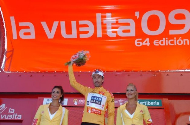 Fabian Cancellara is golden .. but the podium girls are even more golden. Photo copyright Fotoreporter Sirotti.