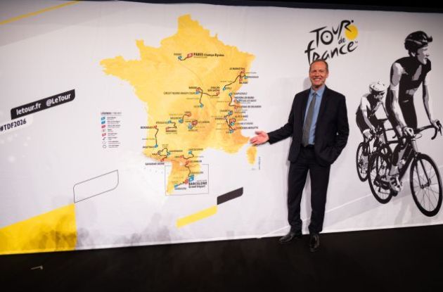 | A.S.O. Christian Prodhomme with the map of the 2026 Tour de France
