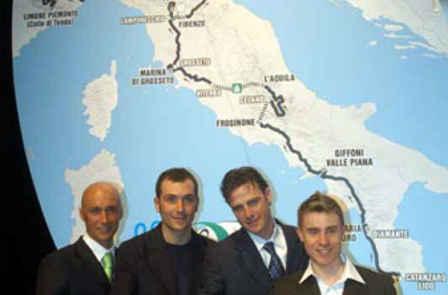 Garzelli, Basso, Savoldelli, and Cunego at the Giro route presentation. Photo copyright Fotoreporter Sirotti.