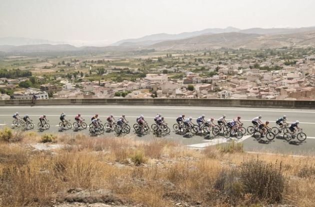 Cycling peloton in Spanish landscape