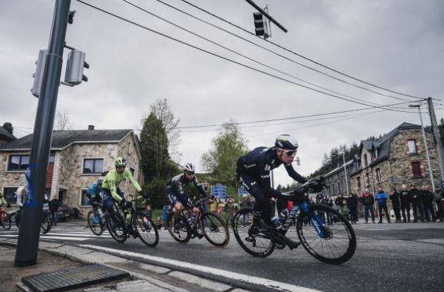 Cyclists cornering during Liege-Bastogne-Liege race