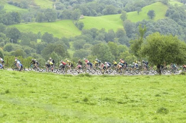 Cyclists riding through green landscape